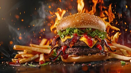 Tasty burger with french fries and fire. 