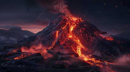 a volcano erupting at night, with molten lava flowing down the slopes and illuminating the ash...