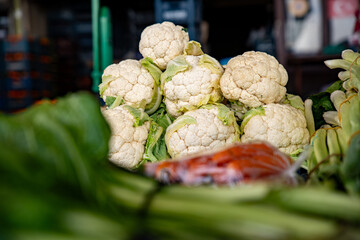 Bunch of cauliflowers at the market.