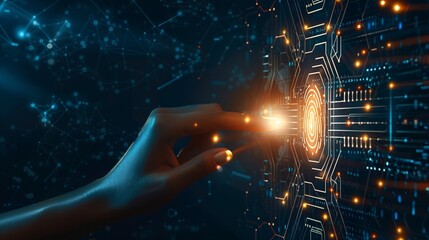 a glowing hand touching glow fingerprint on technology background with copy space