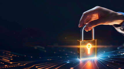 a glowing hand touching glow padlock on technology background with copy space