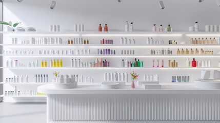 A white beauty shop filled with shelves stocked with various beauty products.