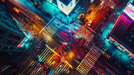 Aerial View of a Busy City Intersection at Night with Colorful Neon Lights and Traffic