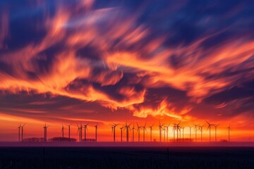 Wind turbines at sunset with dynamic clouds