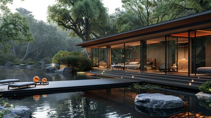 Obraz premium nature wellness retreat, picturesque nature backdrop enhances wellness retreats ambiance, advocating for physical and spiritual revitalization