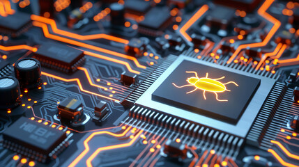 circuit board technology background with glow bug icon on the chipset