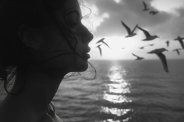 A woman is looking out at the ocean with a group of seagulls flying in the backg