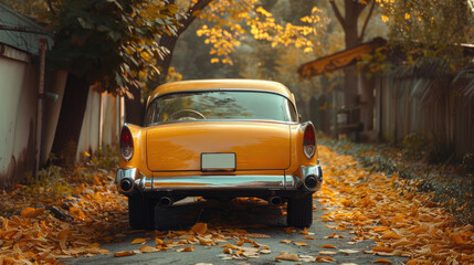 A vintage car parked in a driveway in the fall. 
