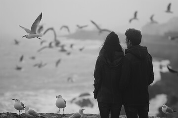 A couple standing on a beach with a flock of seagulls in the background