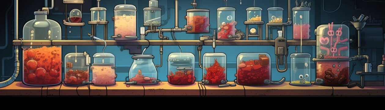 Generate an illustration of the process of fermenting microbes to produce bioproducts in a laboratory setting.