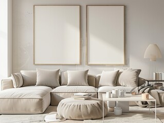 Modern Minimalist Living Room Interior with Cozy Beige Sofa and Wall Art