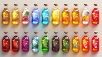 3D game asset, a set of bottles and jars with colorful liquids and magic potions.