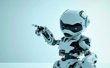 a small, white robot standing on a white surface. 