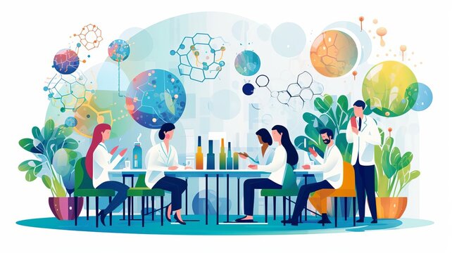 Create an image of a multidisciplinary team discussing the progress of a drug discovery project.