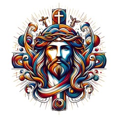 A colorful art of a jesus christ with long hair and a crown of thorns lively used for printing image meaning.