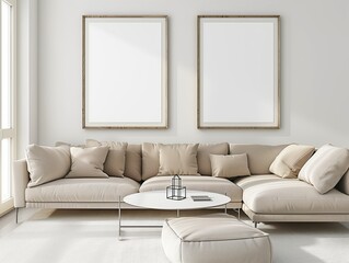 Modern Minimalist Living Room with Beige Sofa and Blank Picture Frames