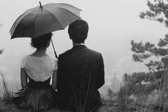 A couple is sitting under an umbrella on a hillside. Chasing love, and the feelings dream of to fill the void of loneliness. - Powered by Adobe