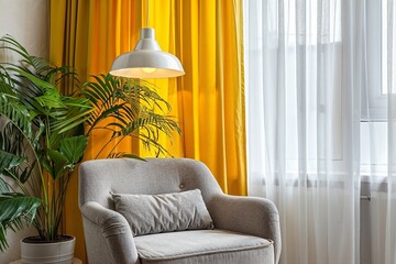 Modern Interior Design with Heather Gray Armchair, Lemon Yellow Curtains, and Houseplant