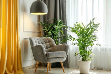 Modern Interior Design with Heather Gray Armchair, Lemon Yellow Curtains, and Houseplant