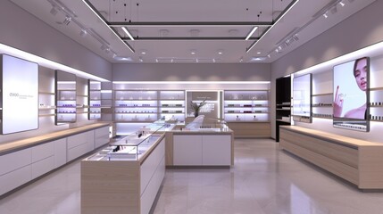 The interior of a beauty store showcasing shelves stocked with products and several mirrors reflecting the space.