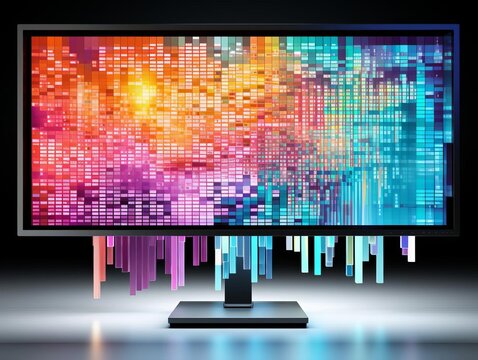 Design an image showing a heatmap visualization of microarray data on a large monitor.