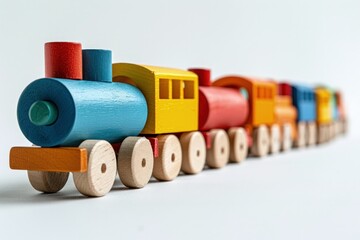 Colorful Montessori toy train with blocks on grey background