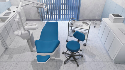 High angle view of empty dentist workplace - dental unit, chair and tools in bright interior of medical clinic office. Dentistry surgery room with modern equipment. With no people 3D illustration.