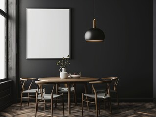 Modern Dining Room with Wooden Furniture and Blank Frame on Dark Wall