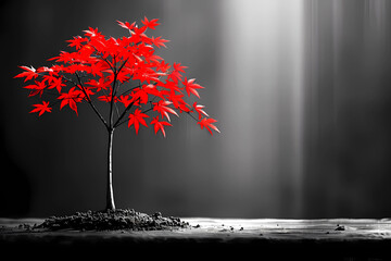 Amidst the stark monochrome landscape, a solitary tree asserts its presence with a blaze of fiery red leaves, its striking hue serving as a bold contrast against the muted surroundings