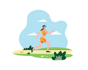 Young woman wearing a headband jogging in the park on weekends. sport and recreation activities. Design illustration healty lifestyle concept