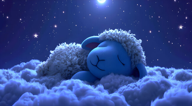 A blue sheep is sleeping in the clouds. The sky is dark and the stars are shining brightly