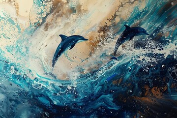 Abstract painting inspired by the ocean, close up, focus on, vibrant colors, double exposure silhouette with waves