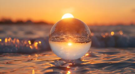 A glass ball is floating on the surface of a body of water. The water is a deep blue color and the sky is a warm orange color - Powered by Adobe