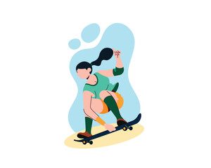 Fototapeta premium Energetic young woman crouching pose in skate board game. sport and recreation activities concept. Simple flat design in active healthy lifestyle illustration