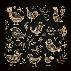 Hand drawn chalk birds on black background
