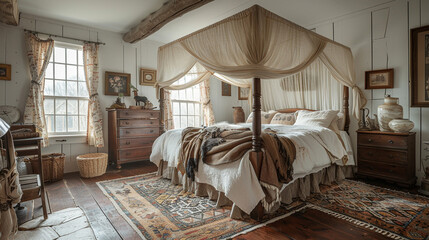 A rustic, country-style bedroom from the early American era with a wooden canopy bed and vintage...