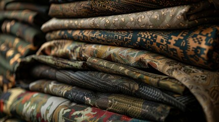 Obraz premium Close-up shot of a stack of army clothes, various camouflage prints and materials, finely detailed textures and seams
