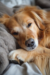 A dog is laying on a bed with its head on a pillow