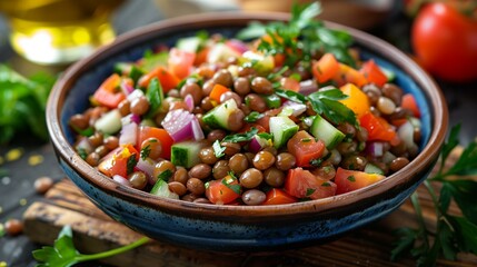 Refreshing flavorful greek lentil salad with tomatoes cucumbers red onion parsley light vinaigrette dressing