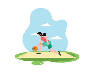 Female basketball player squats while dribbling the ball. sport and recreation concept. Healthy lifestyle illustration in flatstyle design