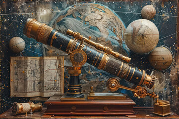 A historical montage of telescopes through the ages, from ancient astrolabes to modern digital telescopes, each instrument displayed with its era's backdrop.