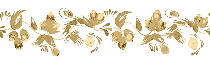 Floral seamless border pattern from golden hand drawn hazelnut sprigs, leaves and gold nuts isolated on a white background