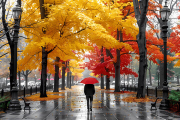 Amidst the captivating hues of autumn foliage, a solitary figure leisurely traverses the winding paths of a park, the vibrant red umbrella providing both protection from the gentle drizzle 