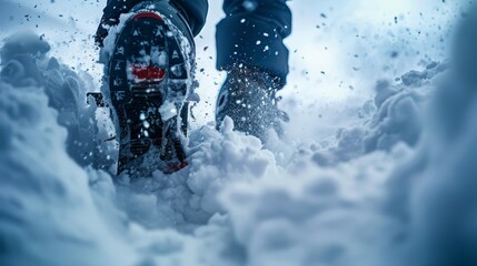 Close-up of snowboarder's boots stuck in deep snow, emphasizing the struggle and effort required in extreme conditions