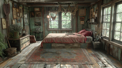 A rustic, log cabin-style bedroom from the 1900s with a wooden platform bed and vintage,...