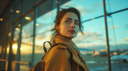 Fototapeta premium A stylish young woman stands out in the busy airport terminal, embodying the essence of upscale travel with her impeccable fashion sense and demeanor.