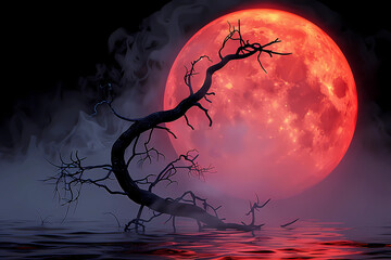 A sizable orange-red moon, its luminous glow casting a mesmerizing reflection upon the glassy surface of the lake, a solitary dead tree stands as a silent sentinel in the foreground
