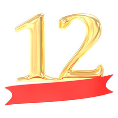 anniversary 12 number gold And Red 3d rendering