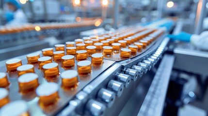 Close-up of conveyor belt with rows of pills, small glass medicine bottles, precise pharmaceutical production, laboratory setting, bright lighting