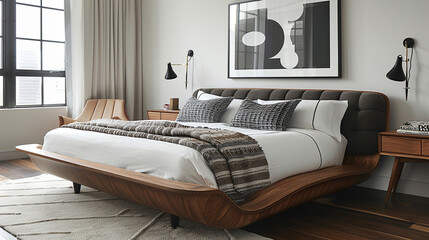 A sophisticated, mid-century modern bedroom with a sleek, low-profile bed and minimalist decor